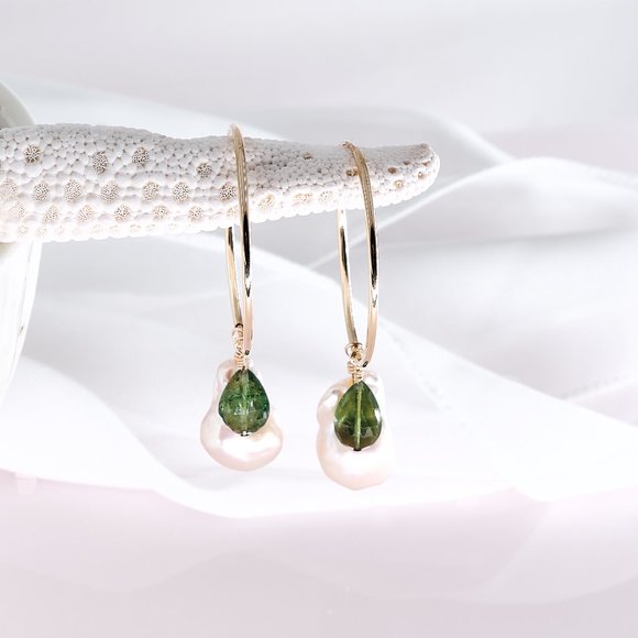 Baroque Pearl & Green Tourmaline Hoop Earrings, 14K Gold Filled Thin Hoops - Picture 6 of 11